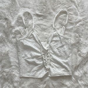 NWOT white lace eyelet tank cami camisole, size small - lace up tie front